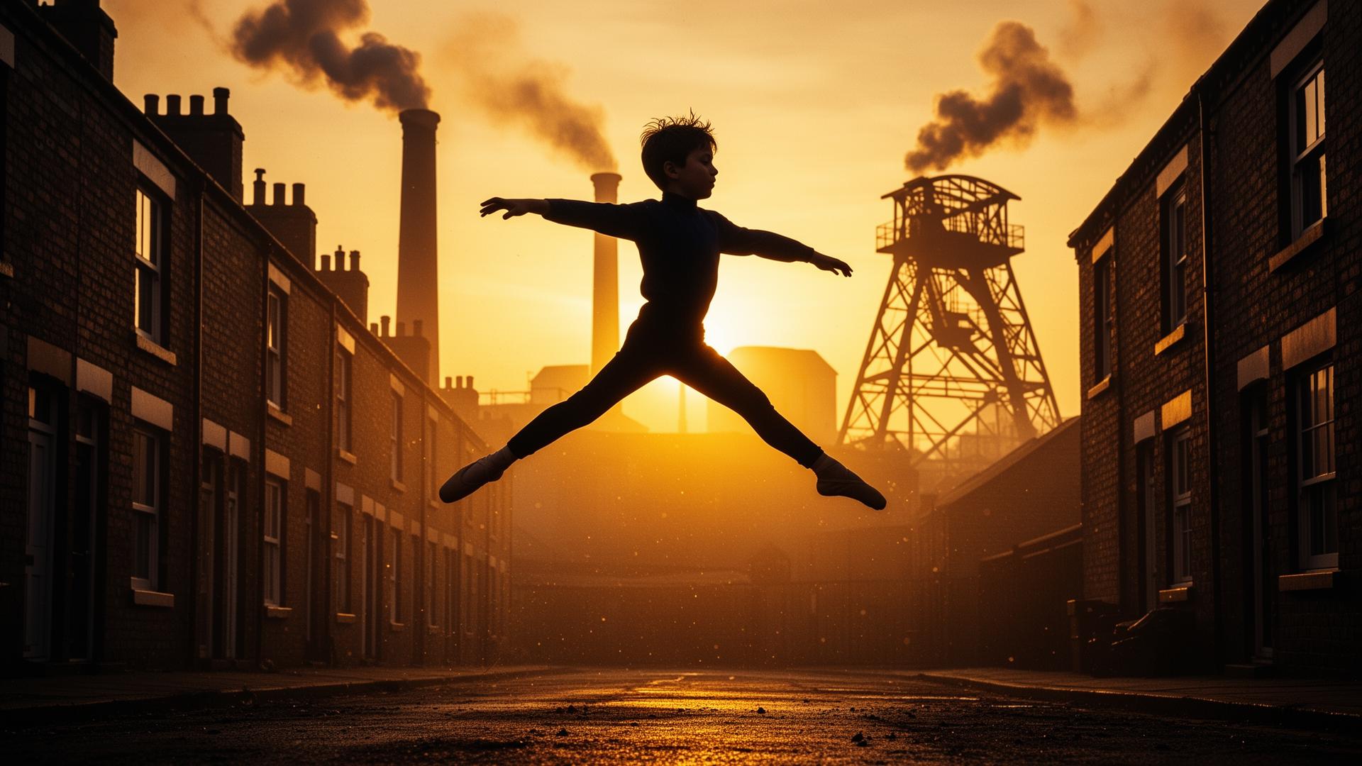 Silhouette of a boy mid-leap against an industrial Northern English skyline at sunset